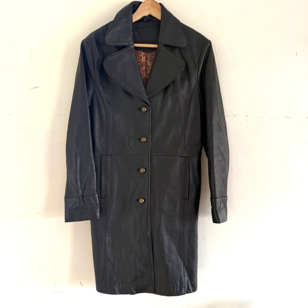 Allegra Womens Black Leather Trench Coat Full Length Button Front Collar